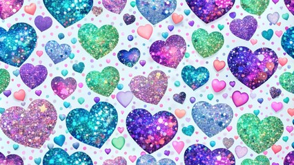 Fototapeta premium A seamless pattern of glittering hearts in various shades of blue, green, purple, and pink on a pastel blue background with tiny white dots.