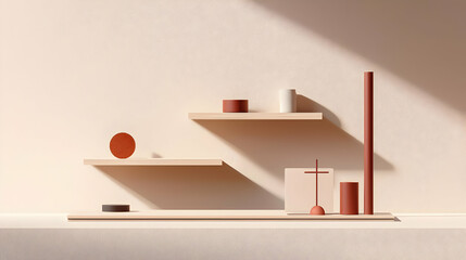 Wooden Shelves With Geometric Objects And Soft Light