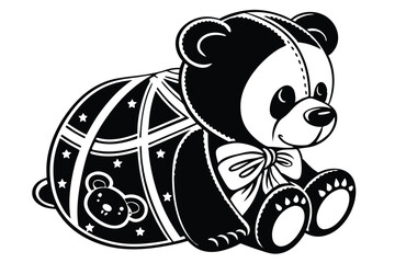 89 Black and white illustration, teddy bear silhouette, simple design, cute cartoon style, rounded shapes, child's toy, iconic bear symbol, minimalist artwork, vector graphic, symmetrical composition,