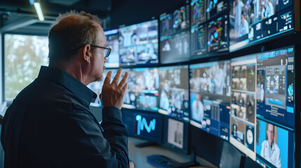 Man in control room with multiple screens displaying medical data and video feeds