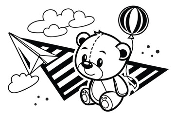 89 Black and white illustration, teddy bear silhouette, simple design, cute cartoon style, rounded shapes, child's toy, iconic bear symbol, minimalist artwork, vector graphic, symmetrical composition,