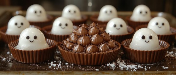 Spooky chocolate cups filled with white ghost-shaped treats & a central chocolate mousse
