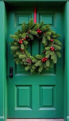 A rustic Christmas wreath of evergreen branches adorns a vibrant green door , door decoration, ribbon