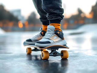 A close-up of a skateboarder&rsquo;s feet balancing on a skateboard at a skatepark, wearing protective knee pads and casual sneakers.