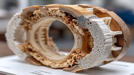 The picture displays a circular model in cross section, revealing various textures. The outer layer exhibits a wood like appearance, while inner layers have a porous texture