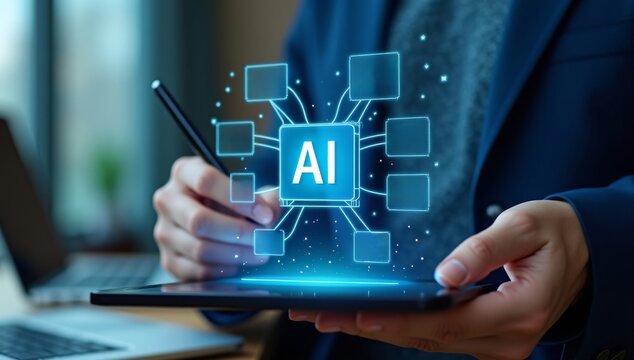 Ai, Artificial intelligence, Man uses laptop to access artificial intelligence tools for content Creation, Chatbots, Image generation, Coding, Translation, and Digital advertising solutions