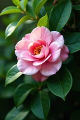 A delicate pink camellia bloom among lush greenery, camellia, flower arrangement, plant arrangements