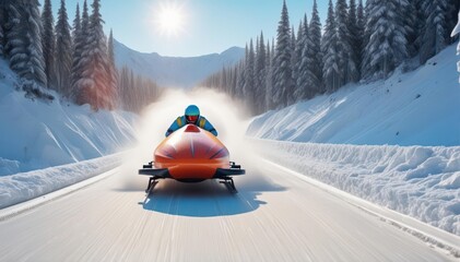 Bobsled streaks down icy track, snow spraying, speed, spray, bobsled