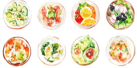 A Delightful Collection of Watercolor Paintings Depicting Vibrant and Healthy Salad Dishes, Each Bowl Showcases a Unique and 