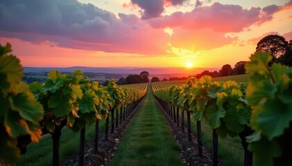 Fototapeta premium Softly glowing sunset colors over a vineyard with vines and trees swaying in the breeze, peaceful, countryside, rustic