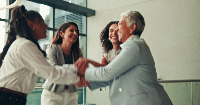 Hands, stack and business people with support or mission, collaboration or applause for motivation. Team, group and laugh for success together, female community or corporate goals with clapping