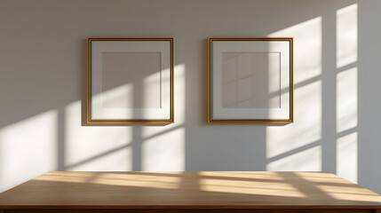 Fototapeta premium Minimalist Office Wall with Two Empty Picture Frames and Sunlight