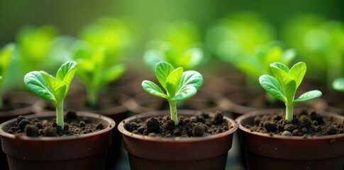 Naklejka premium Tiny white cabbage seedlings in separate pots, green, small