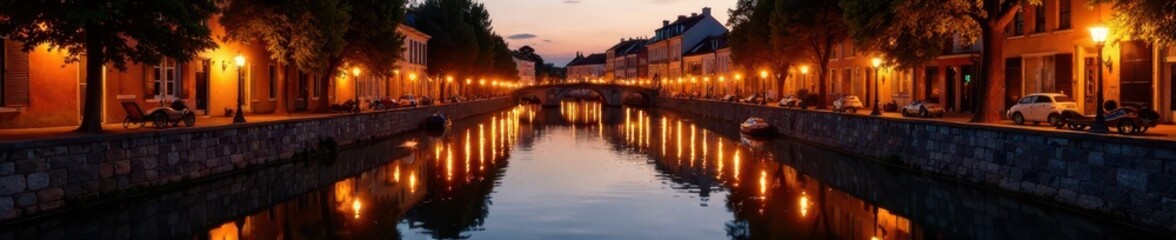 Warm tones of yellow and orange illuminate the canal's tranquil waters at dusk, light, aigues mortes