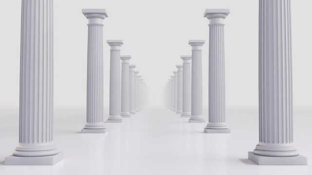 Fast flythrough between white Ionic columns with fluted shafts and volute capitals. Minimalistic classical style. Seamless loop in 4K, perfect for architectural backgrounds. 3D