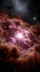 Obraz premium Dramatic purple nebula explosion in deep space with gas clouds and distant star clusters in cosmos for science or galaxy exploration visuals