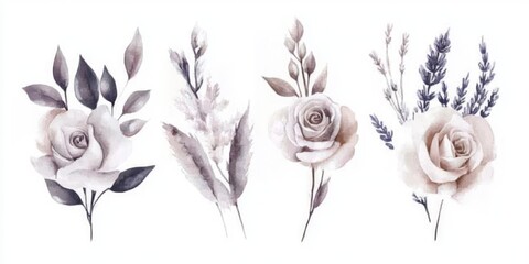 Naklejka premium Elegant Watercolor Floral Arrangements: Neutral Tones Rose Bouquets, Lavender, Greenery