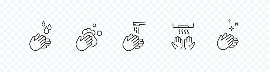 Icon set of disease prevention protect. Vector sanitizer, antiseptic, antibacterial symbols. Healthcare wash hands process with rinse water, tap, soap and safety signs