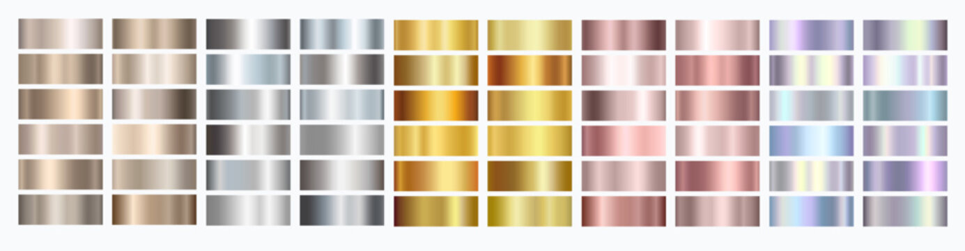 Gold rose, silver, bronze, copper and golden foil texture gradation background set. Vector shiny and metalic gradient collection for border, frame, ribbon design