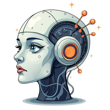 3D vector of the robot in profile. Three-dimensional drawing in bright neon and blue tones. Artificial intelligence in the form of a cute girl with beautiful human eyes. The concept of AI in a high-te