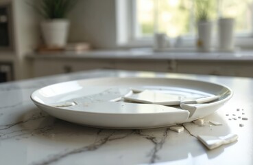 Shattered white porcelain plate rests on marble table, pieces scattered. Broken dish on kitchen background. Symbolic of accident, destruction, loss imperfection. Conceptual imagery for various themes.