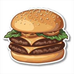 A traditional cheeseburger with beef cutlet, veggies, and onions is isolated on a white background.