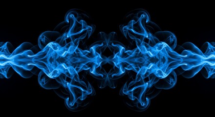 Fototapeta premium Symmetrical blue smoke pattern on black background creates abstract art