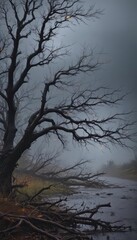 Obraz premium A raging storm; torrential rain obscures a darkened landscape, branches thrashing , dramatic, ominous