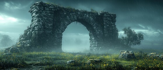 Stone archway stands in misty field, shrouded in fog, with wildflowers and a tree