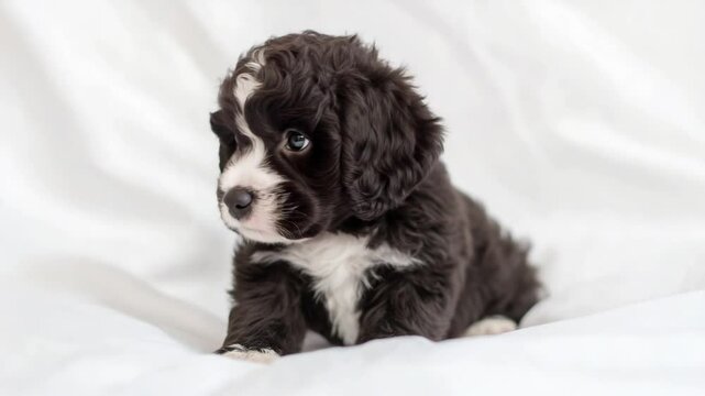 Adorable Cavapoo Puppy Posing on White Fabric