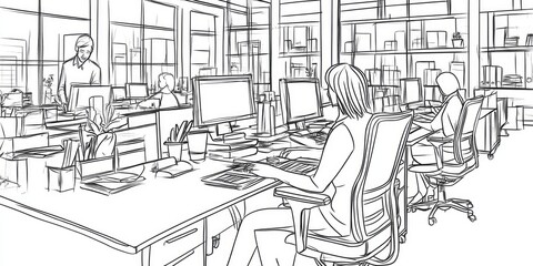Modern Office Workspace Sketch: Collaborative Teamwork and Productivity in a Contemporary Setting