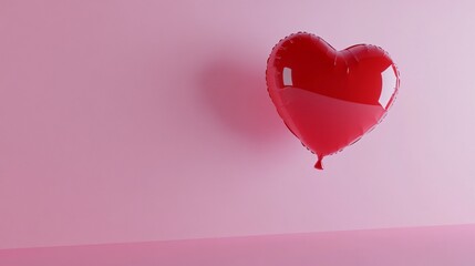 Red heart-shaped balloon gracefully floating on a soft pink background