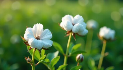 Obraz premium Delicate cotton flowers bloom on eucalyptus stems in a lush greenery, botanicals, plant