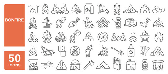 Set of 50 line icons related to bonfire, fireplace, flaming, ignite, flames, matches, fiery, blaze, wood, campfire, Editable stroke. Vector illustration