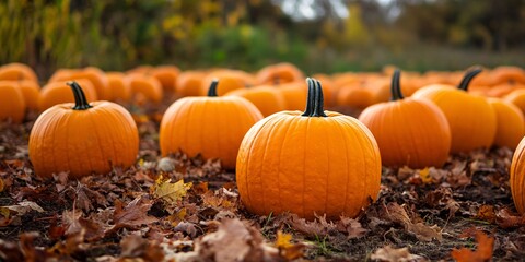 Autumnal Pumpkin Patch Featuring Lush Rows of Harvested Fruits