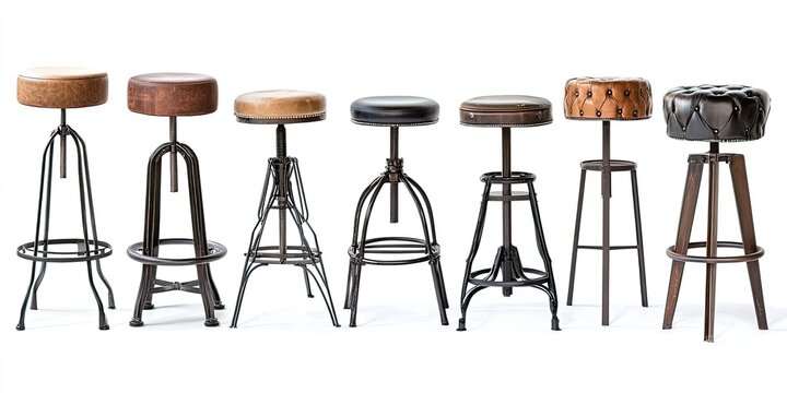 Seven Stylish Industrial Bar Stools with Leather Seats, Metal Frames, Adjustable Heights, and Unique Designs
