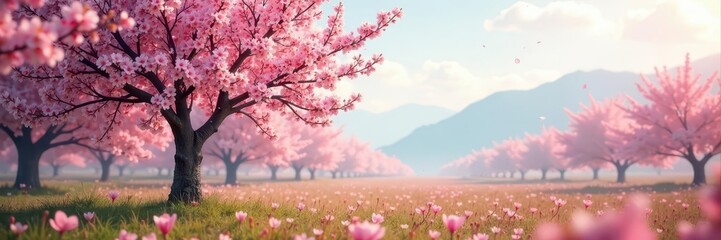 Fototapeta premium White hazy point in the distance with blossoming almond trees, bloom, springtime