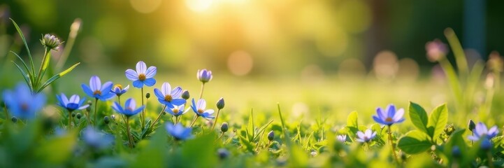 Blue forget me nots in a sunny meadow with wildflowers, garden, sun, landscape