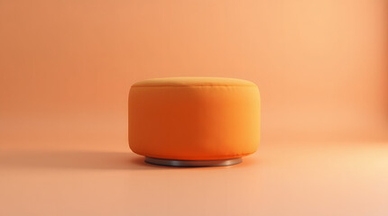A cozy round orange pouf with a sleek metal base against a soft peach backdrop, adding a vibrant touch to modern interiors.