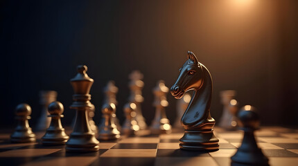 A close-up of a gleaming knight chess piece on a dramatic chessboard, with warm lighting enhancing the intricate details.