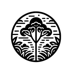 Black and White Stylized Forest in Circle - Minimalist Nature Illustration