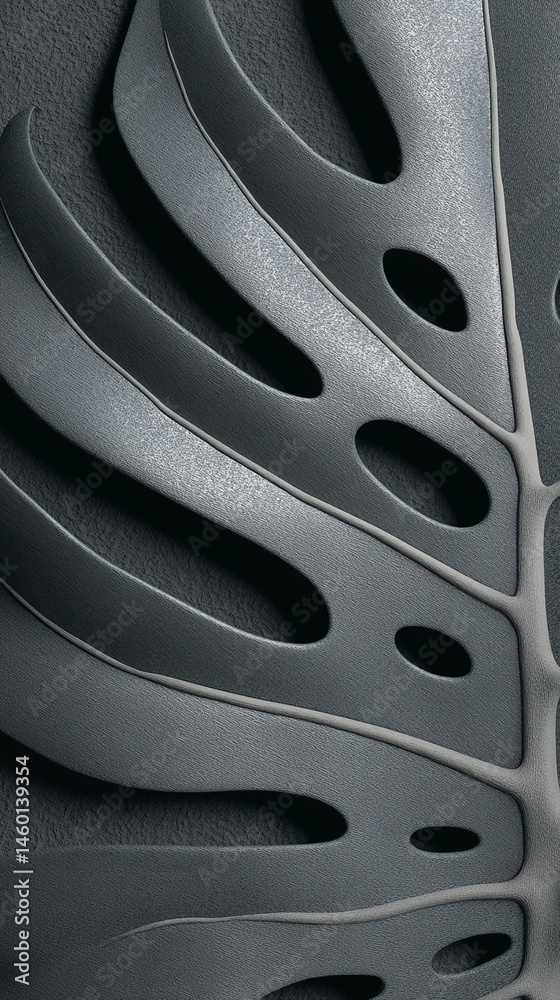 Poster close-up of dark gray textured leaf, showing detailed veins and holes, creating a sleek and modern a
