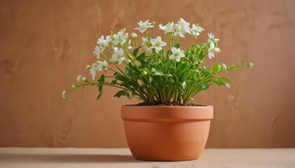 Fototapeta premium Vibrant green sprout, white blossoms in terracotta pot, royalty free, nature, houseplant