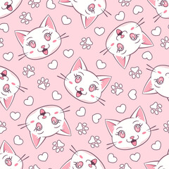 White kawaii cats, hearts and paw prints on pink background. Vector seamless pattern. 