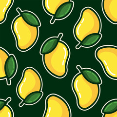 Mango vector seamless pattern. Yellow fruits and green leaves with white outline on black background.