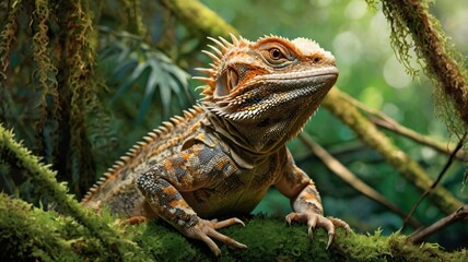 A vibrant lizard, perched amidst lush, tropical foliage.  Its captivating colors and intricate patterns are highlighted by the surrounding greenery
