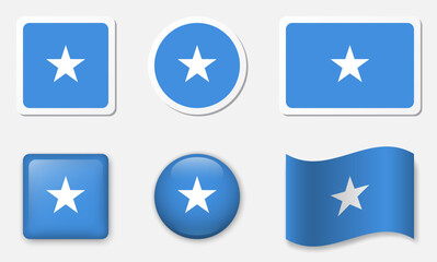 Flag of Somalia icons collection. Flat stickers and 3d glass vector elements on white background.