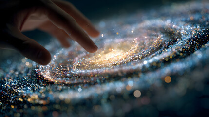 Exploring the Universe A Hand Reaching into a Cosmic Galaxy