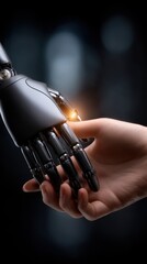 Futuristic collaboration concept Human hand touching a robot hand Artificial intelligence in contact with humanity Technology handshake