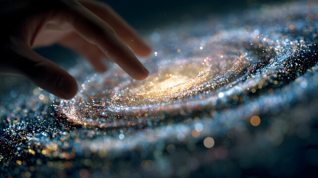 Exploring the Universe A Hand Reaching into a Cosmic Galaxy